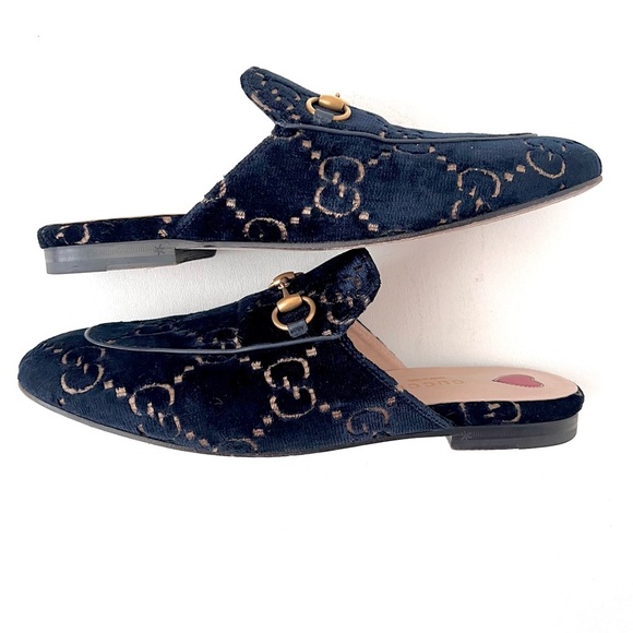 GUCCI | Navy GG Monogram Velvet Princetown Mules Horsebit Loafers Slip On 37.5 - Picture 8 of 9
